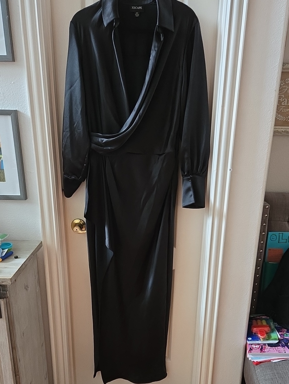 Xscape Black Satin Draped Maxi Dress Size 12 NWT